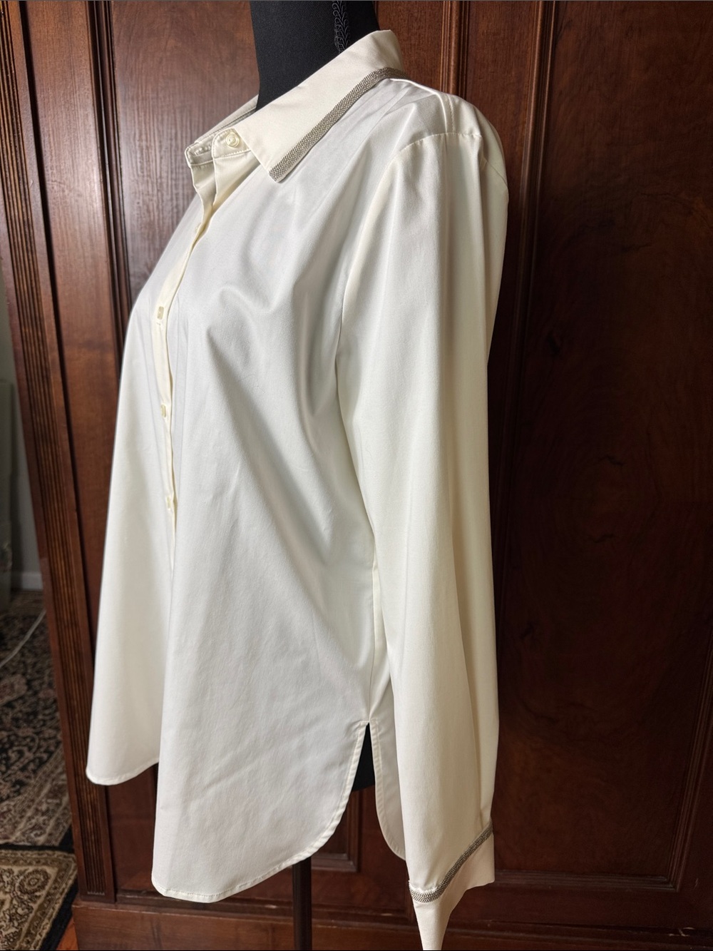 Lysse Creamy White Button-Down Shirt with Silver Trim